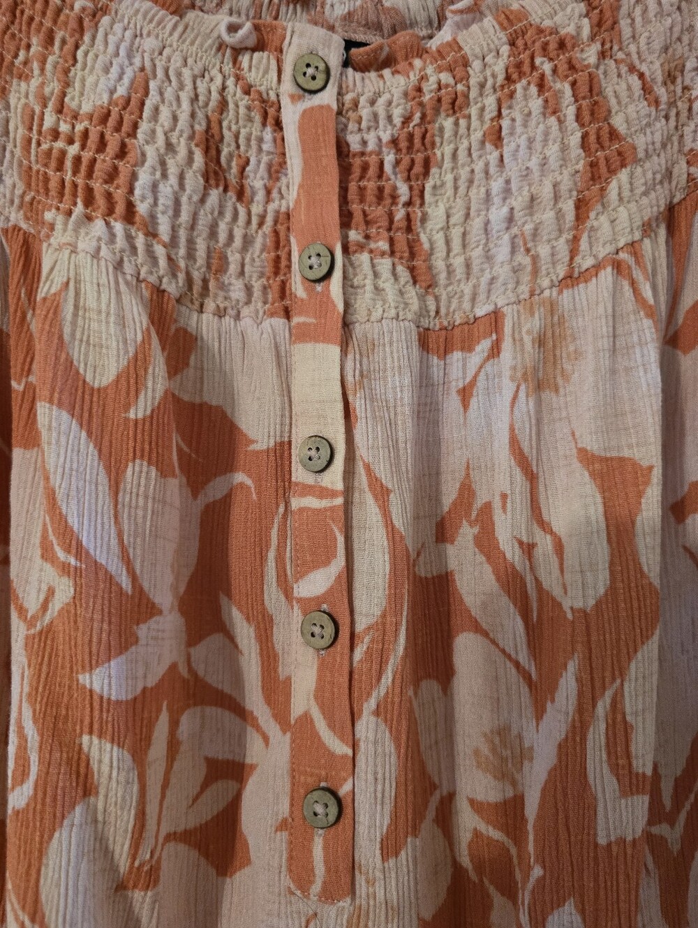 Torrid Smocked Off-Shoulder Floral Blouse in Coral and Cream - Picture 2 of 4